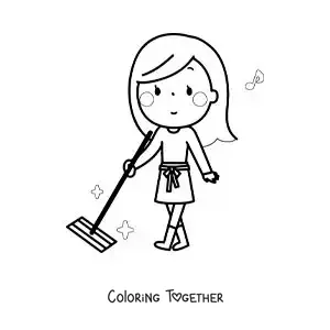 Coloring page of a kawaii woman cleaning the floor with a mop