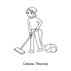 Coloring page of a young woman vacuuming the floor