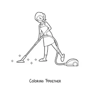 Coloring page of a housewife cleaning the floor with the vacuum cleaner