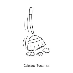 Coloring page of a broom sweeping dust