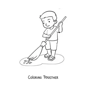 Coloring page of a boy sweeping dust at home