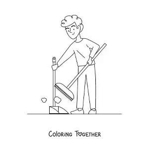 Coloring page of a boy sweeping dust at home with a dustpan