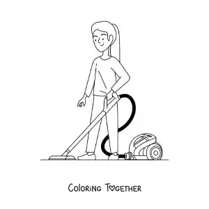 Coloring page of a girl vacuuming dust at home