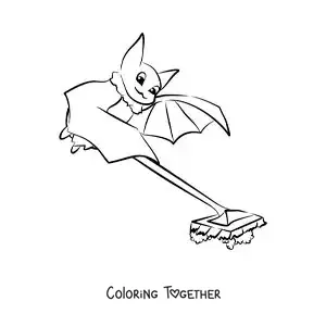 Coloring page of a cartoon bat cleaning the floor with a mop