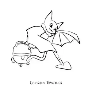 Coloring page of a cartoon bat vacuuming the floor