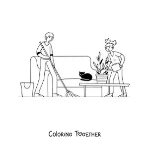 Coloring page of a couple doing the household chores