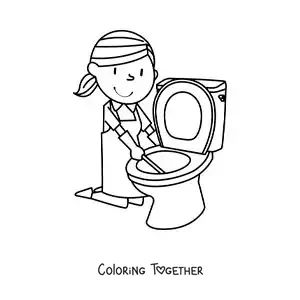 Coloring page of a cartoon woman cleaning the toilet
