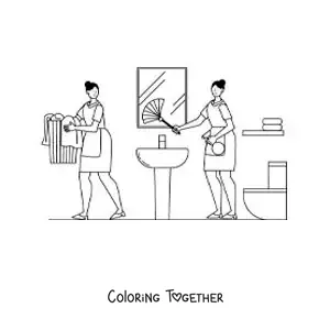 Coloring page of two girls cleaning a bathroom