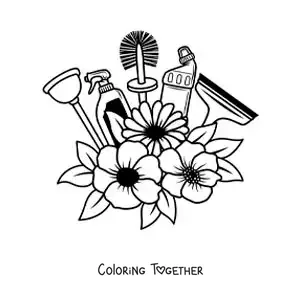Coloring page of bathroom cleaning supplies with flowers