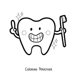 Coloring page of a kawaii cartoon tooth with a toothbrush