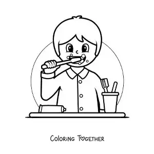 Coloring page of a cartoon boy brushing his teeth