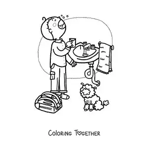 Coloring page of a boy using mouthwash after getting home from school