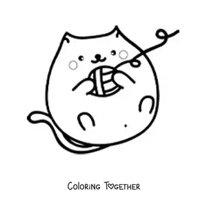 Coloring page of a kawaii cat lying down and playing with a ball of yarn