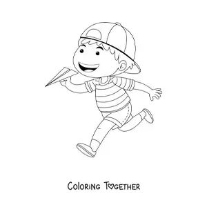 Coloring page of a boy running while holding a paper airplane