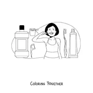 Coloring page of a girl brushing her teeth with mouthwash and floss