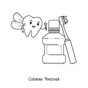 Coloring page of the tooth fairy next to the toothpaste and the mouthwash