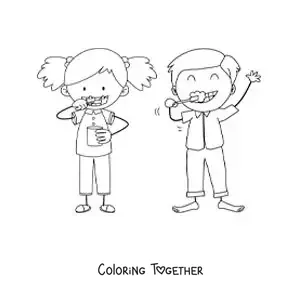 Coloring page of a cartoon of two children brushing their teeth