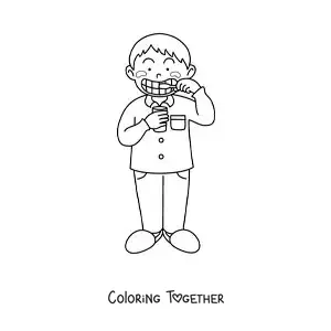 Coloring page of a boy brushing his teeth before bed