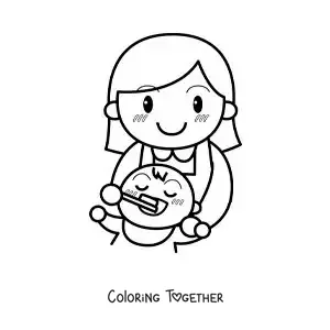 Coloring page of a mother brushing her baby's teeth