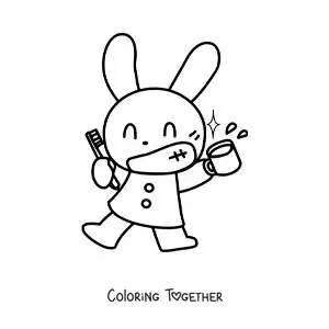 Coloring page of a kawaii rabbit brushing its teeth