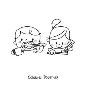 Coloring page of a girl and a boy brushing their teeth
