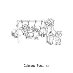 Coloring page of several children playing in the park with cartoon rabbits