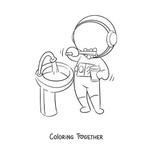 Coloring page of a cartoon astronaut brushing his teeth