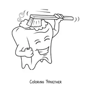 Coloring page of a cartoon of an animated tooth brushing itself