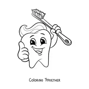 Coloring page of a cartoon of an animated tooth with a toothbrush