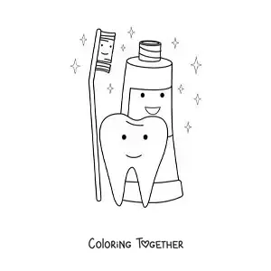 Coloring page of an animated tooth next to a tube of toothpaste and a brush