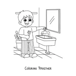 Coloring page of a boy brushing his teeth in the bathroom
