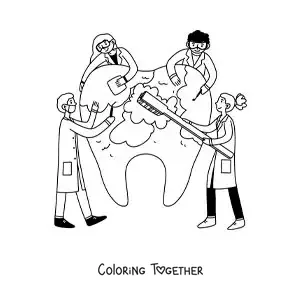 Coloring page of a group of dentists brushing a giant tooth
