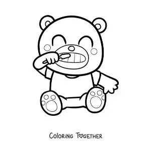 Coloring page of a kawaii teddy bear brushing its teeth