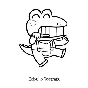 Coloring page of a kawaii cartoon crocodile brushing its teeth