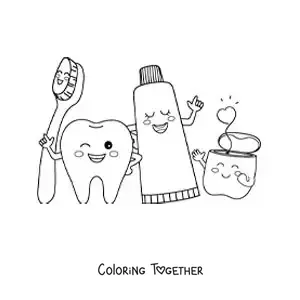 Coloring page of kawaii animated dental cleaning items