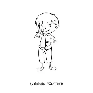 Coloring page of a boy brushing his teeth and using mouthwash