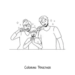 Coloring page of an animated family brushing their teeth