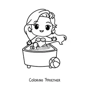 Coloring page of a kawaii mermaid taking a bath