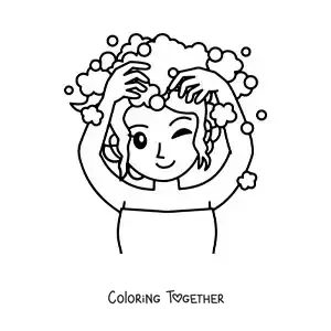 Coloring page of a kawaii girl washing her hair with shampoo
