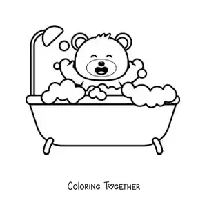 Coloring page of a kawaii teddy bear taking a bath