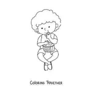 Coloring page of a boy sitting and eating popcorn