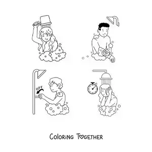Coloring page of people taking a shower