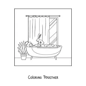 Coloring page of a girl taking a bath with her pet rabbit