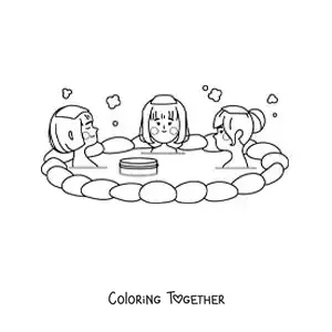 Coloring page of a traditional Japanese onsen bath