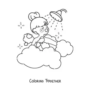 Coloring page of a kawaii girl washing up in the shower