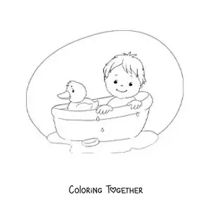 Coloring page of a baby in the bathtub with a rubber duck