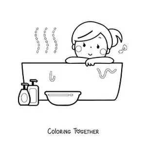 Coloring page of a kawaii girl in the bathtub listening to music