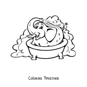 Coloring page of a cartoon elephant taking a bath in the bathtub