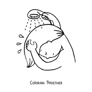 Coloring page of a girl rinsing her hair