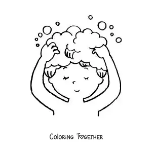 Coloring page of a girl washing her hair with shampoo